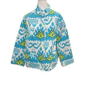 Patty Kim Teal Blue White Quilted‎ Jacket XL Unique Buttons Lightweight